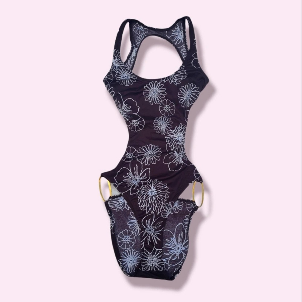 Victoria's Secret Floral Brown High Leg Open Back Cut Out One Piece Swimsuit M